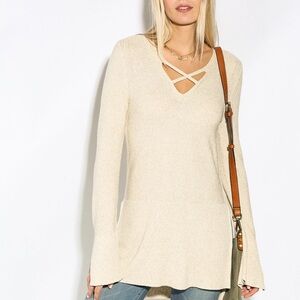 Free People Cream Knit V-Neck Tunic with Crisscross Detail